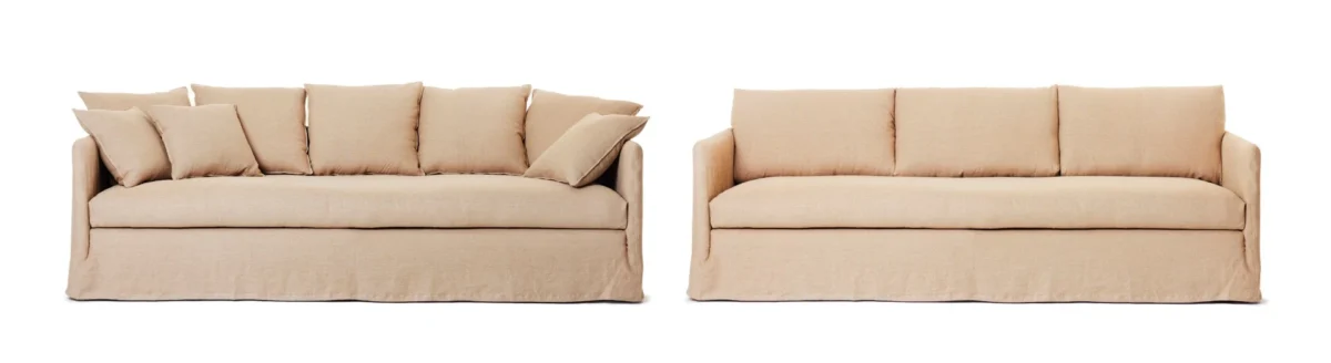 Comparison of light-coloured sofas with different cushion arrangements