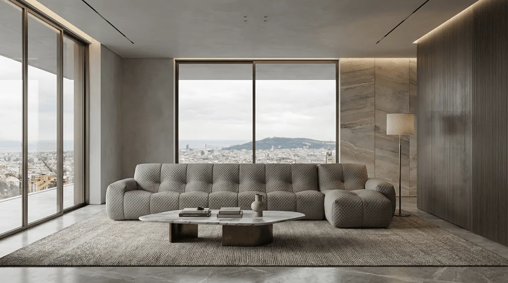 Sofá CozyCasa en L de Atemporal en un salón con vistas a la ciudad