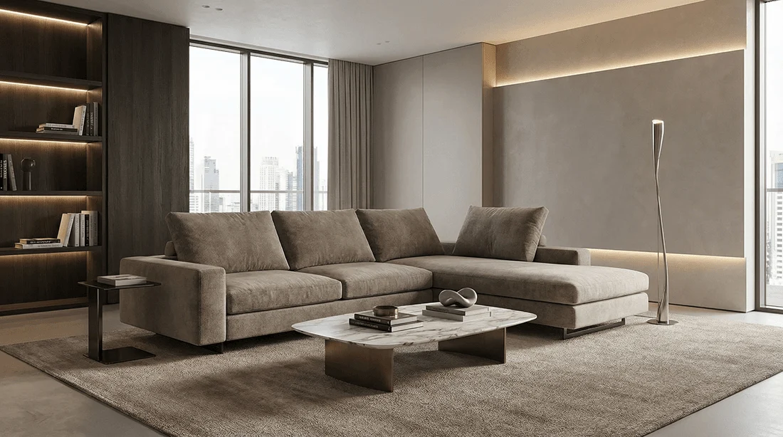 Atemporal L-shaped Victor Modern sofa in a living room with a large window